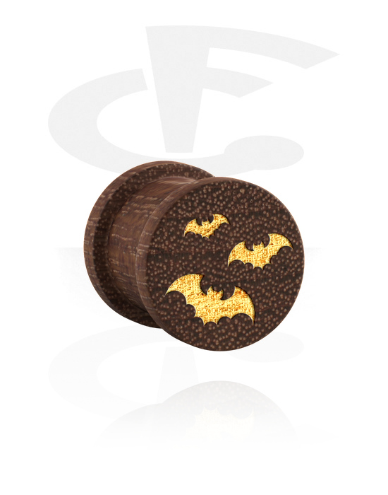 Tunely & plugy, Žebrovaný plug (dřevo) s laserovým gravírováním „zlatí netopýři“, Mahagonové dřevo