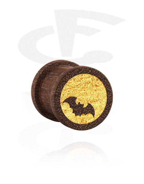 Tunely & plugy, Rebrovaný plug (drevo) s laserovým gravírovaním „zlatý netopier“, Mahagónové drevo