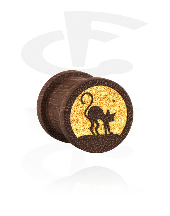 Tunely & plugy, Žebrovaný plug (dřevo) s designem kočka, Mahagonové dřevo