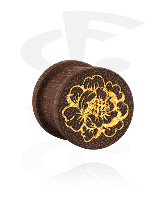 Tunnels & Plugs, Ribbed plug (wood) with laser engraving "golden flower", Wood