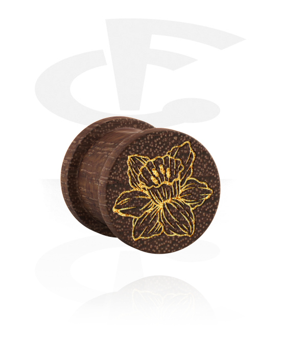 Tuneli & čepi, Rebrast čep (les) s/z lasersko gravirano zlato rožo, Les
