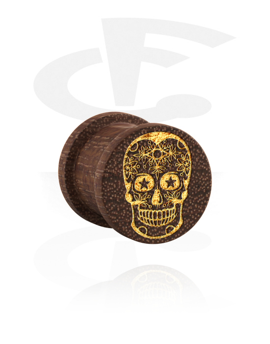 Tunely & plugy, Žebrovaný plug (dřevo) s designem cukrová lebka „Dia de Los Muertos“, Dřevo