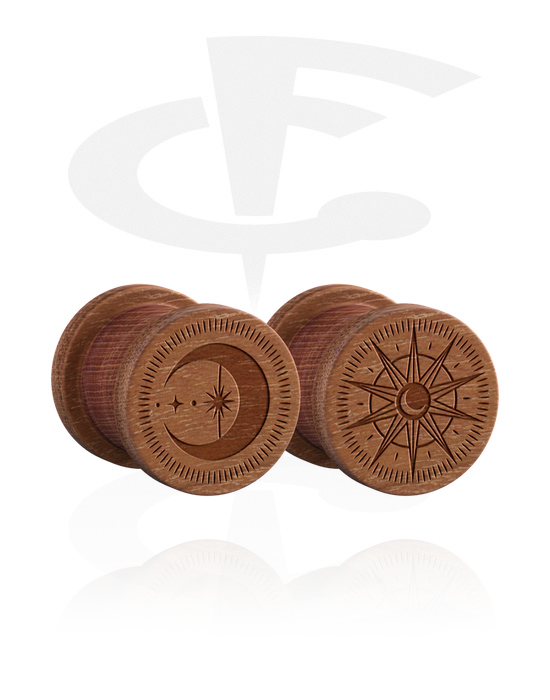 Tunnels & Plugs, 1 pair ribbed plugs (wood) with laser engraving "sun and moon", Wood