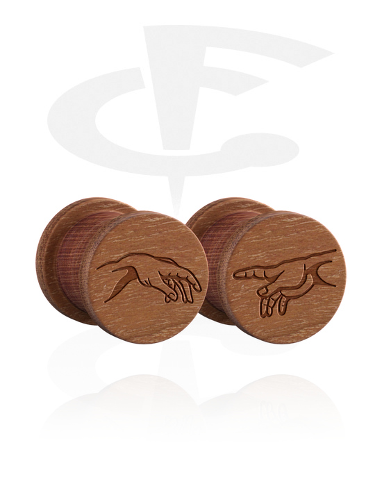 Tunnels & Plugs, 1 pair ribbed plugs (wood) with laser engraving "The Creation of Adam", Wood