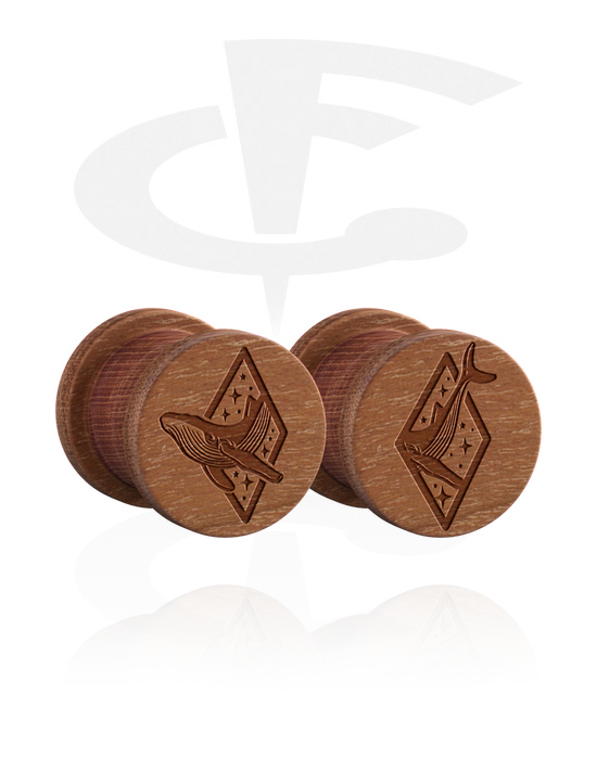 Tunnels & Plugs, 1 pair ribbed plugs (wood) with laser engraving "humpback whale", Wood