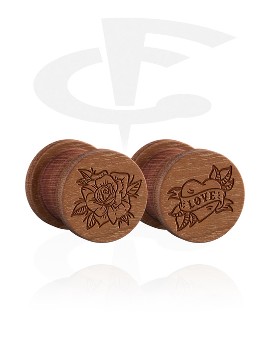 Tunnels & Plugs, 1 pair ribbed plugs (wood) with laser engraving "rose and heart with LOVE lettering", Wood
