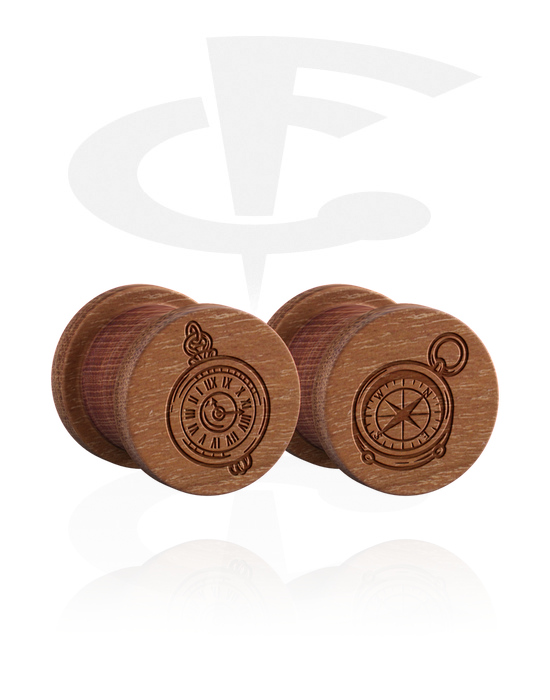 Tunnels & Plugs, 1 pair ribbed plugs (wood) with laser engraving "compass", Wood