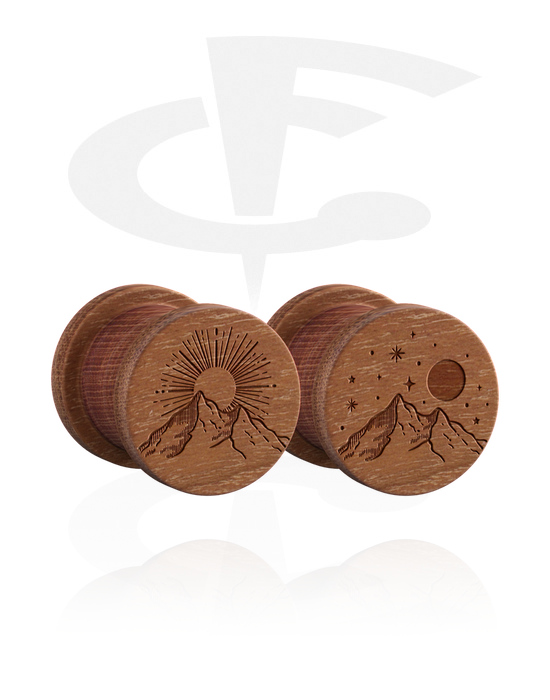Tunnels & Plugs, 1 pair ribbed plugs (wood) with laser engraving "mountain", Wood