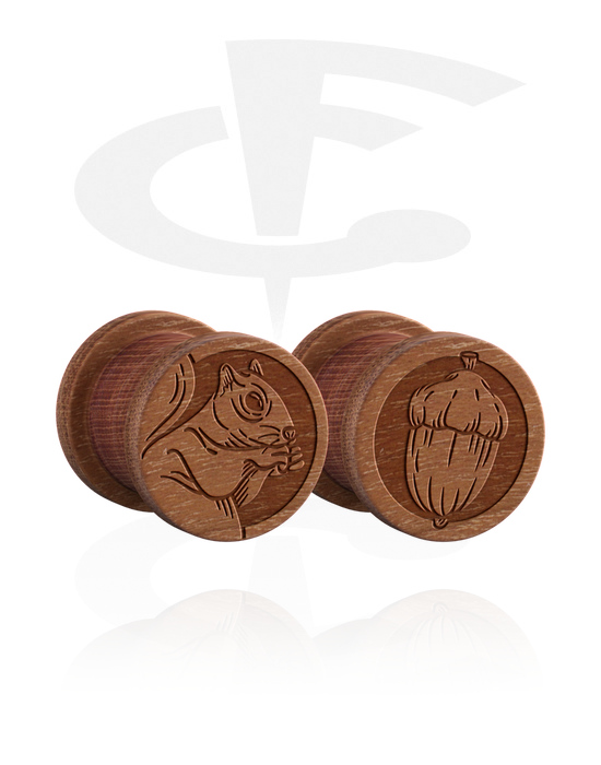 Tunnels & Plugs, 1 pair ribbed plugs (wood) with laser engraving "squirrel", Wood