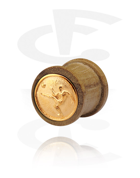 Tunnel & Plug, Ribbed plug con intarsio in acciaio dorato, Legno