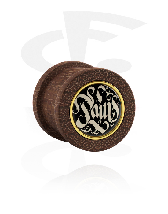 Tunnels & Plugs, Ribbed plug (wood) with "pain" lettering, Mahogany Wood