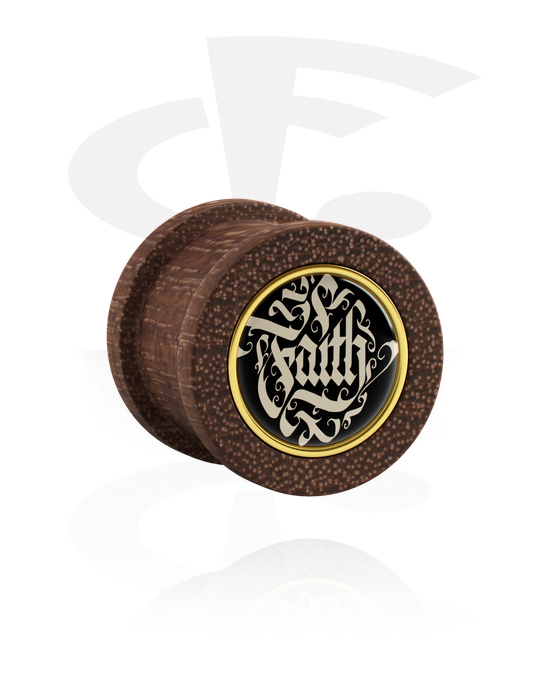 Tunely & plugy, Rebrovaný plug (drevo) s nápisem „faith“, Mahagónové drevo