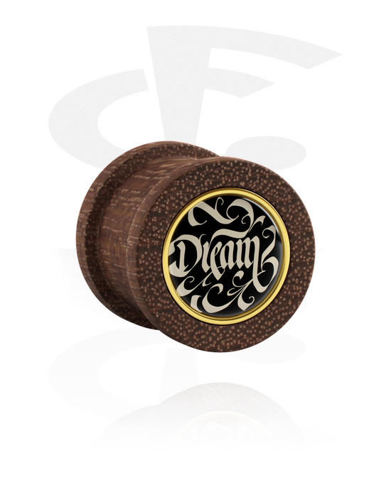 Tunnels & Plugs, Ribbed plug (wood) with "Dream" lettering, Mahogany Wood