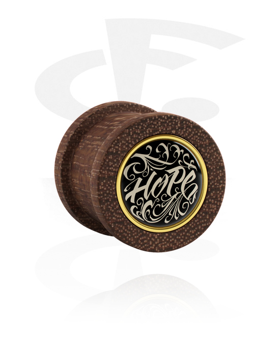 Tunely & plugy, Rebrovaný plug (drevo) s nápisom „Hope“, Mahagónové drevo