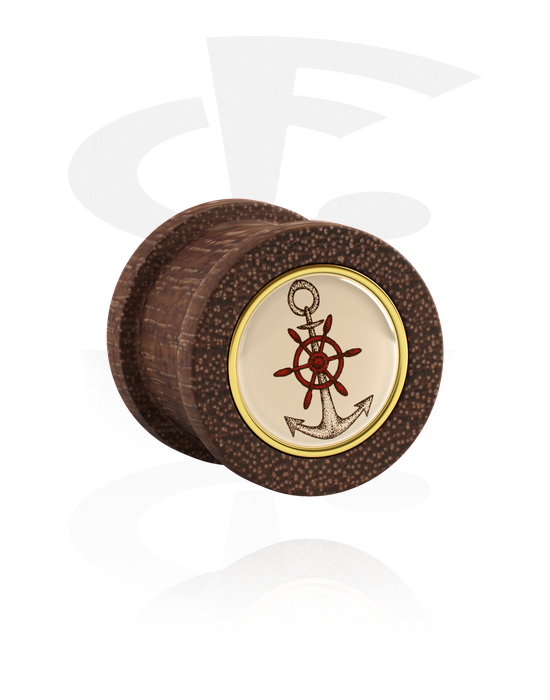 Tunnels & Plugs, Ribbed plug (wood) with inlay with anchor design, Mahogany Wood