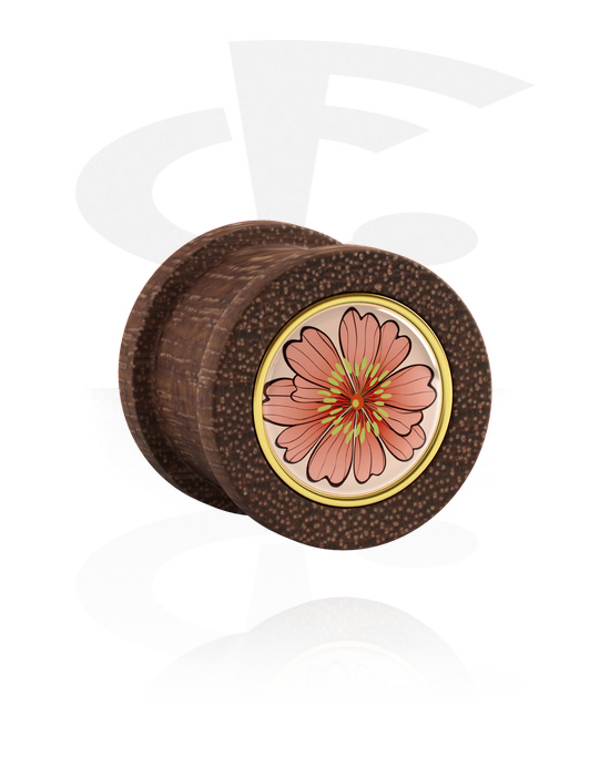 Túneis & Plugs, Ribbed plug (madeira) com design de flor, Mogno