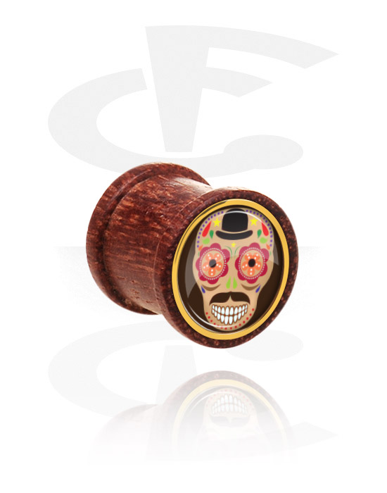 Tunely & plugy, Žebrovaný plug (dřevo) s designem cukrová lebka „Dia de Los Muertos“, Mahagonové dřevo