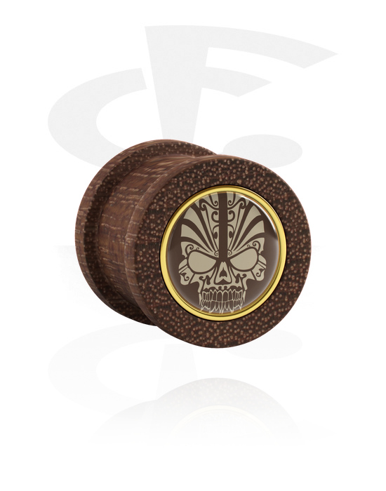 Tunnels & Plugs, Ribbed plug (wood) with inlay with skull design, Mahogany Wood
