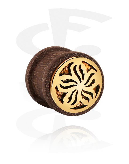 Tunely & plugy, Rebrovaný plug (drevo) s oceľovou vložkou „kvetina“, Mahagónové drevo, Drevo
