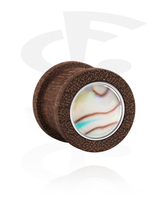 Tunnels & Plugs, Ribbed plug (wood) with inlay in various colours, Mahogany Wood