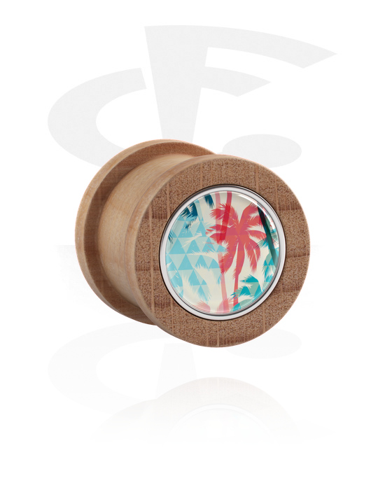 Tunnels & Plugs, Ribbed plug (wood) with inlay with palm tree design, Teakwood