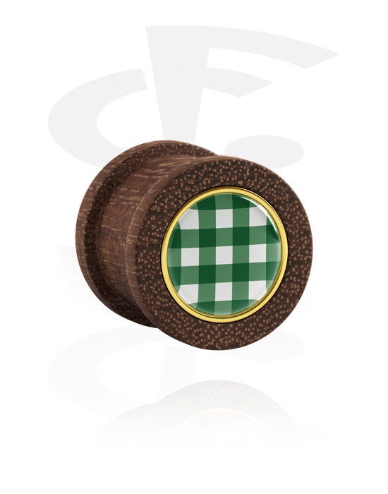 Tunnels & Plugs, Ribbed plug (wood) with checkered pattern, Mahogany Wood