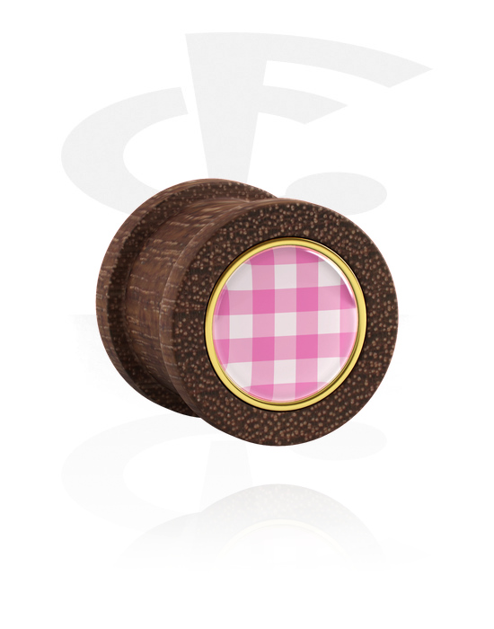 Tunnels & Plugs, Ribbed plug (wood) with checkered pattern, Mahogany Wood