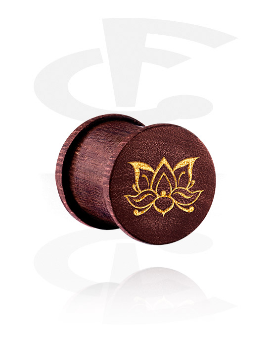 Tunnels & Plugs, Ribbed Plug with Asian Design, Mahogany Wood