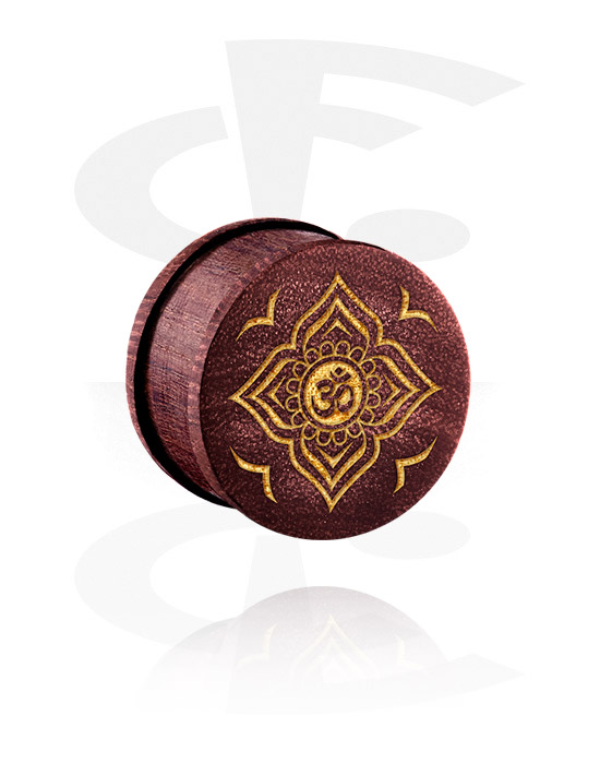 Tunnels & Plugs, Ribbed Plug with Asian Design, Mahogany Wood