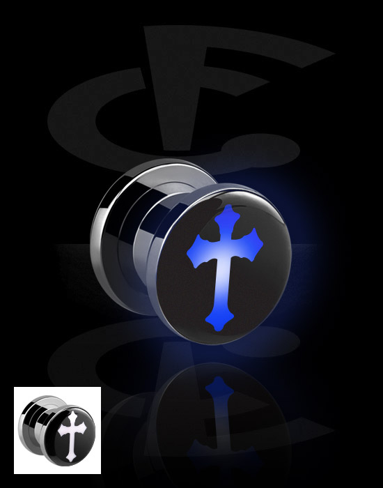 Tunnels & Plugs, Screw-on tunnel (surgical steel, silver, shiny finish) with LED attachment and cross motif, Surgical Steel 316L