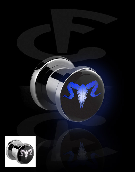 Tunnels & Plugs, Screw-on tunnel (surgical steel, silver, shiny finish) with LED attachment and ram skull design, Surgical Steel 316L