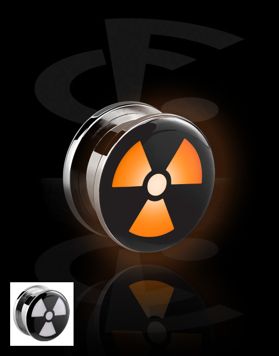 Túneles & plugs, Túnel (acero quirúrgico, negro, acabado brillante) con accesorio LED y símbolo de aviso de radiación, Acero quirúrgico 316L