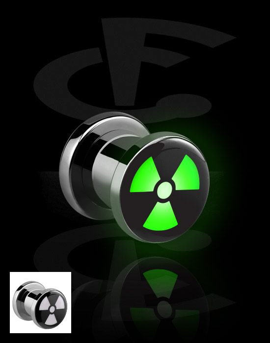 Tunnels & Plugs, Screw-on tunnel (surgical steel, black, shiny finish) with LED attachment and radiation warning symbol, Surgical Steel 316L