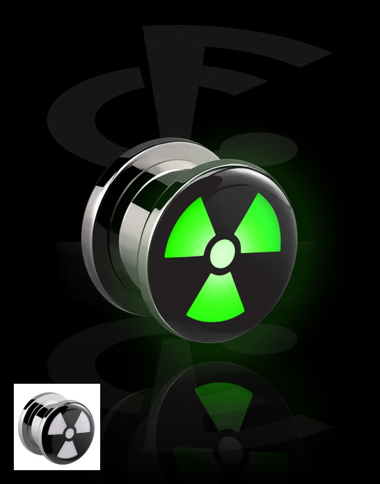 Túneles & plugs, Túnel (acero quirúrgico, negro, acabado brillante) con accesorio LED y símbolo de aviso de radiación, Acero quirúrgico 316L