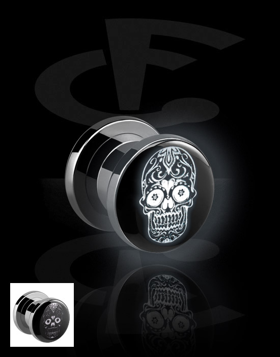 Alagutak és dugók, Screw-on tunnel (surgical steel, silver) val vel LED attachment és black and white sugar skull "Dia de Los Muertos" design , Sebészeti acél, 316L