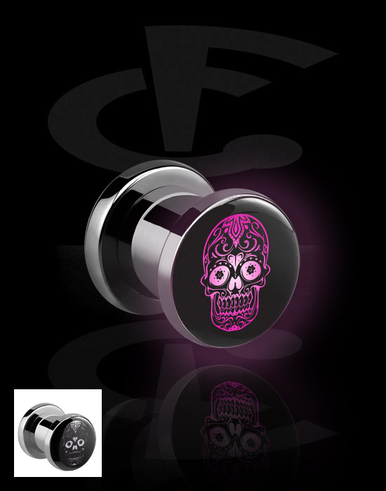 Tunnels & Plugs, Screw-on tunnel (surgical steel, silver, shiny finish) with LED attachment and black and white sugar skull "Dia de Los Muertos" design , Surgical Steel 316L