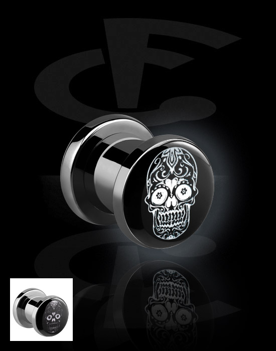 Tunnels & Plugs, Screw-on tunnel (surgical steel, silver, shiny finish) with LED attachment and black and white sugar skull "Dia de Los Muertos" design , Surgical Steel 316L