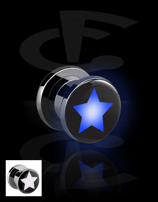 Tunnels & Plugs, Screw-on tunnel (surgical steel, silver, shiny finish) with LED attachment and star design, Surgical Steel 316L