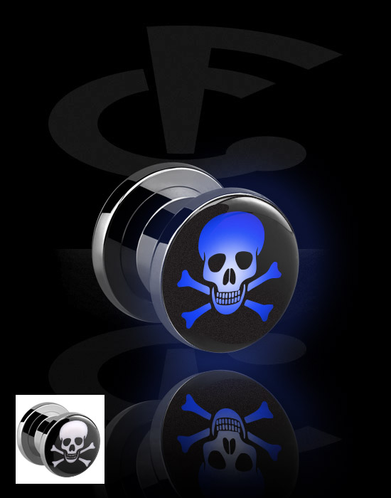 Tunnels & Plugs, Screw-on tunnel (surgical steel, silver, shiny finish) with LED attachment and skull design, Surgical Steel 316L