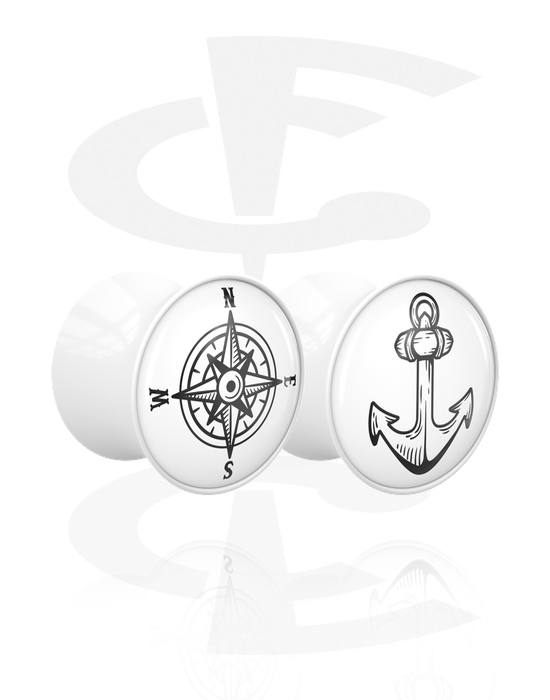 Alagutak és dugók, 1 pair double flared plugs (acrylic, white) val vel motif "anchor and compass", Akril