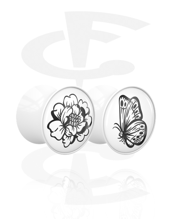 Alagutak és dugók, 1 pair double flared plugs (acrylic, white) val vel motif "flower and butterfly", Akril