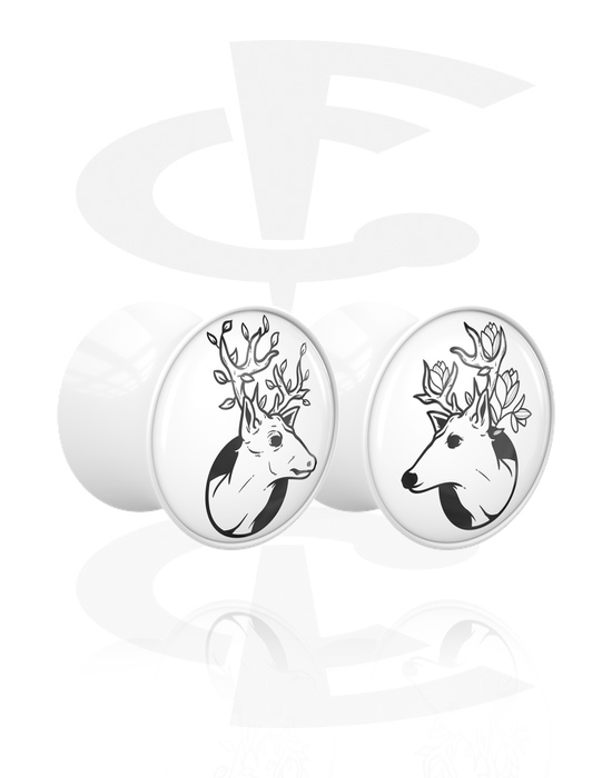 Tunnels & Plugs, 1 pair double flared plugs (acrylic, white) with motif "deer", Acrylic