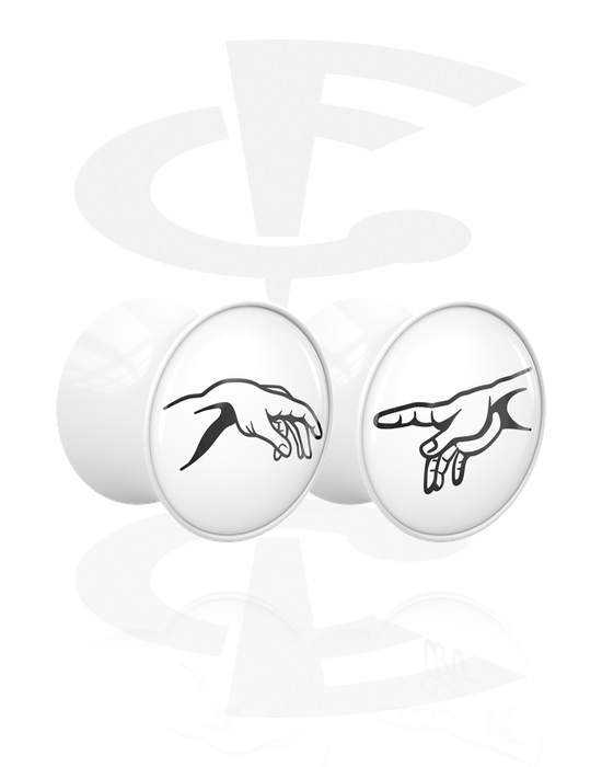 Tunnels & Plugs, 1 pair double flared plugs (acrylic, white) with motif "The Creation of Adam", Acrylic