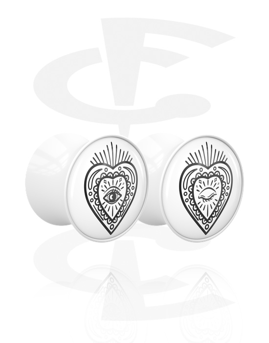 Alagutak és dugók, 1 pair double flared plugs (acrylic, white) val vel motif "heart", Akril