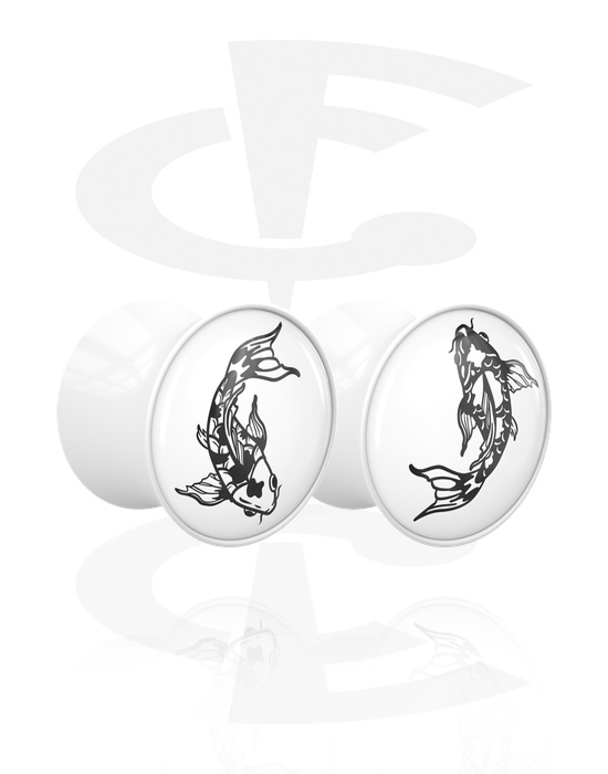 Tunnels & Plugs, 1 pair double flared plugs (acrylic, white) with koi design, Acrylic
