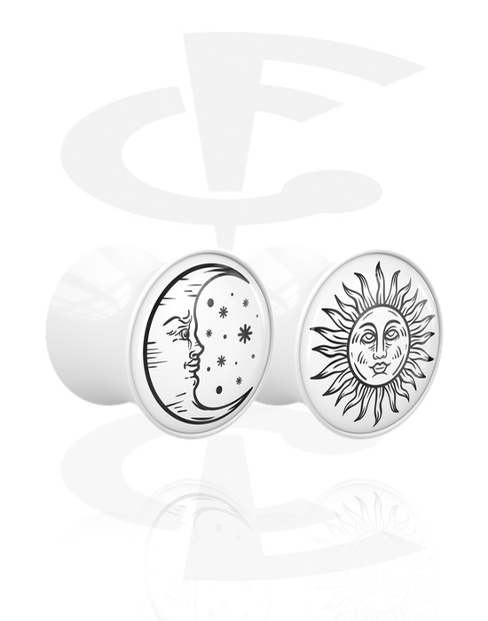 Túneis & Plugs, 1 par de double flared plugs (acrílico, branco) com design de sol e lua, Acrílico