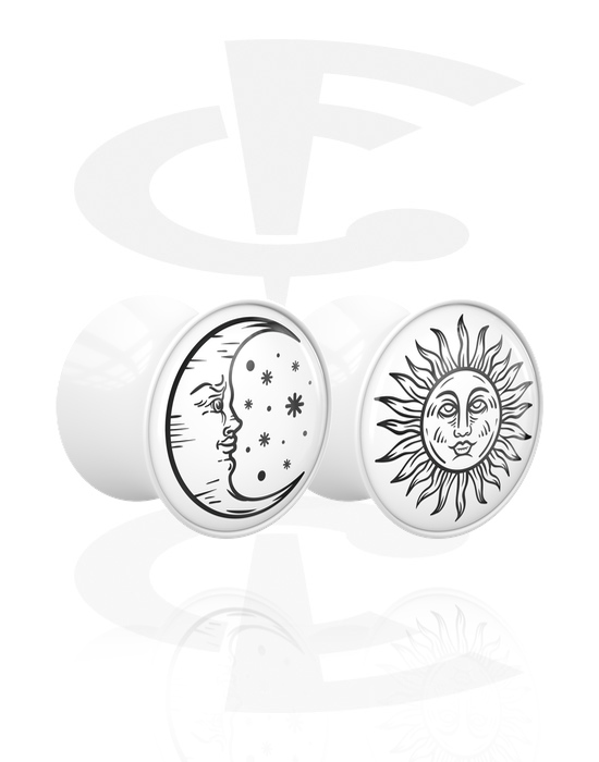 Tunnels & Plugs, 1 pair double flared plugs (acrylic, white) with sun and moon design, Acrylic