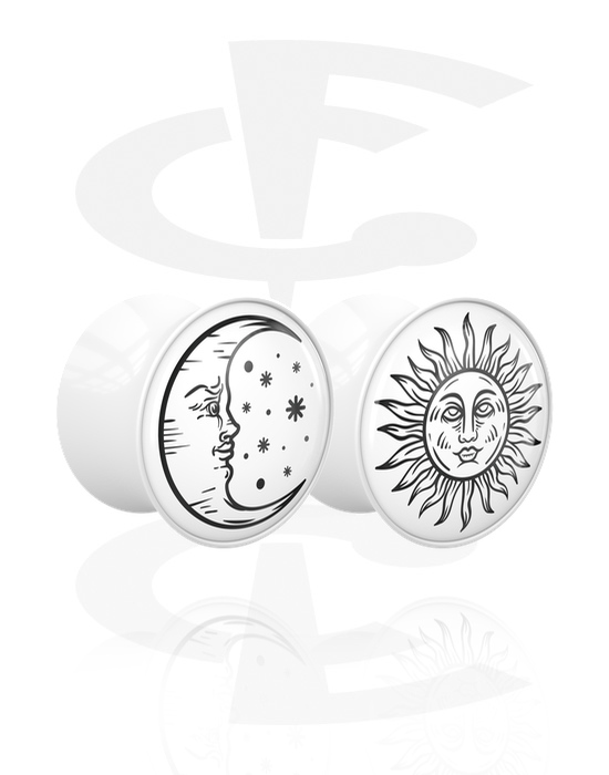 Tunnel & Plugs, 1 Paar Double Flared Plugs (Acryl, weiß) mit Sonne und Mond-Design, Acryl