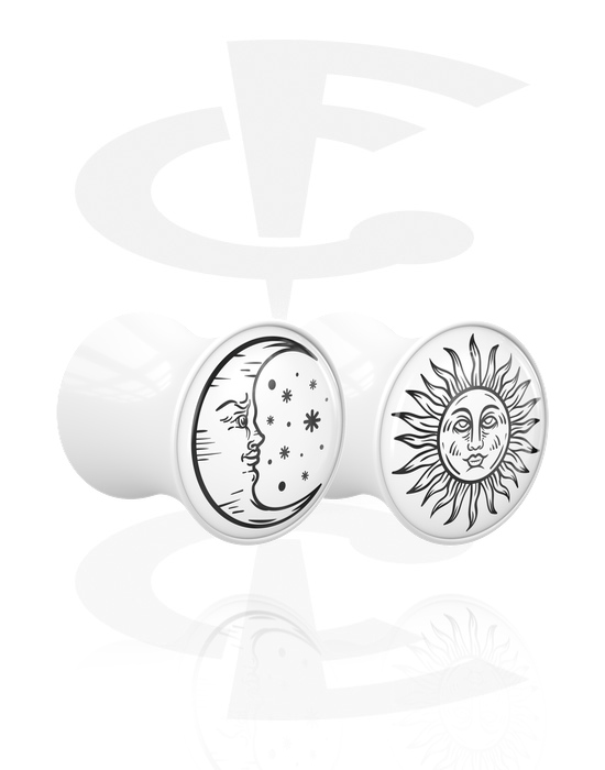 Tunnels & Plugs, 1 pair double flared plugs (acrylic, white) with sun and moon design, Acrylic