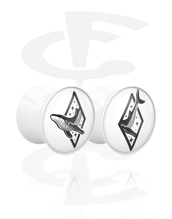 Tunnels & Plugs, 1 pair double flared plugs (acrylic, white) with motif "humpback whale", Acrylic